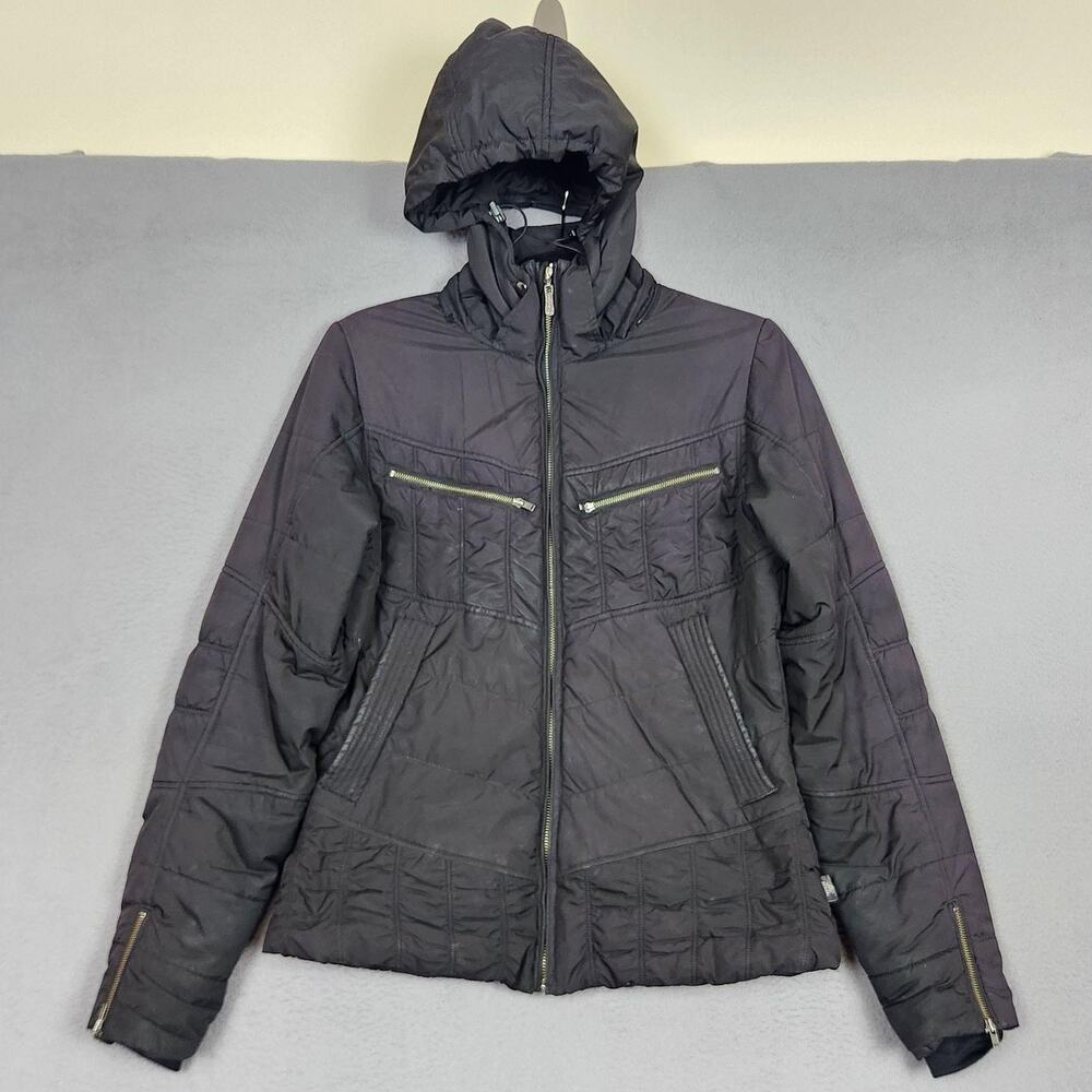 PrAna Puffer Jacket Womens Medium Black Hooded Quilted Insulated Zip Pockets